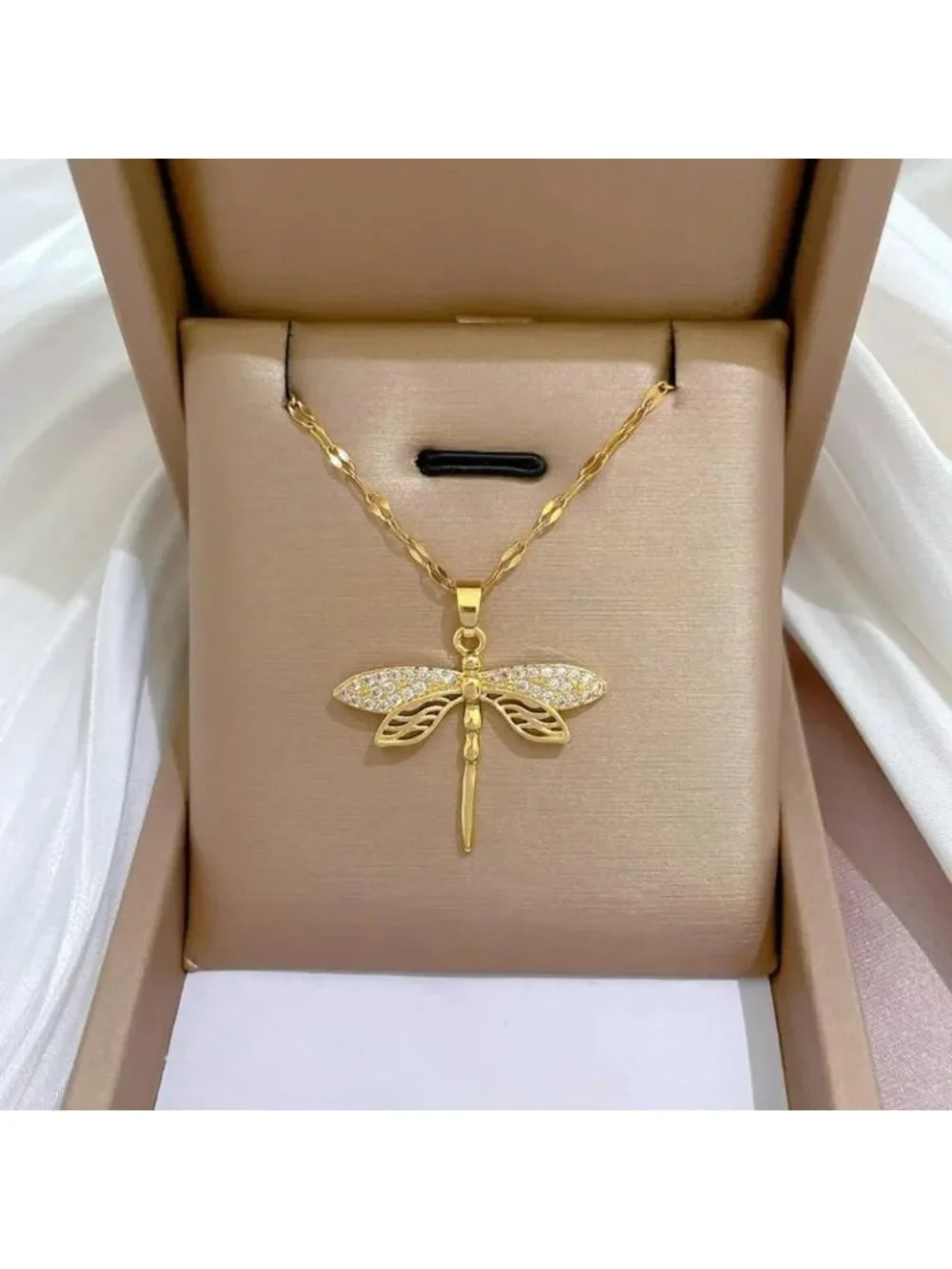 14k Yellow Gold Dragonfly Charm Necklace with Crystal Pendant for Women